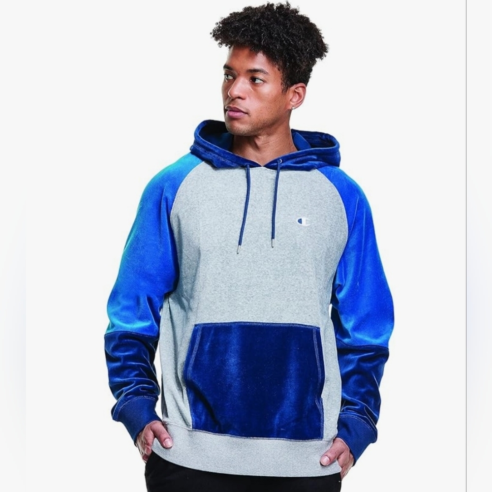 Champion Gray Hoodie with Blue Velour Sleeves & Pocket